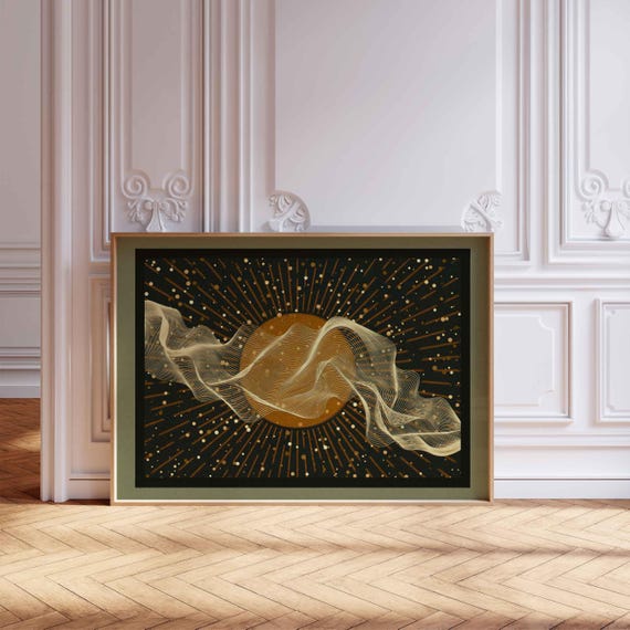 Celestial Wall Art, Mid Century Modern Abstract Print, Black and Gold Decor