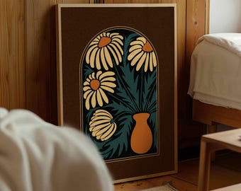 ミッドセンチュリーの花柄プリント - レトロなデイジーボタニカルウォールアート、ヴィンテージ風インテリア