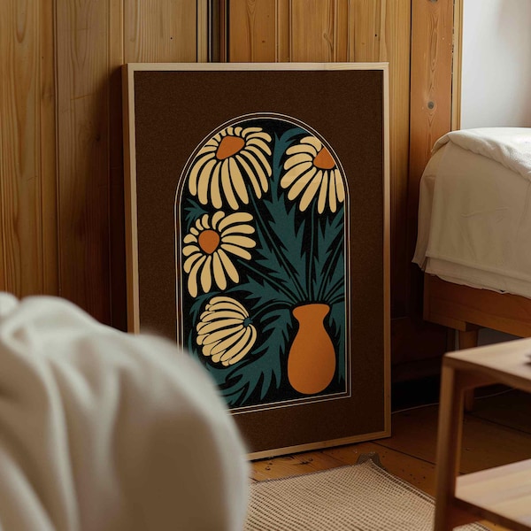Mid Century Floral Print — Retro Daisy Botanical Wall Art, Vintage Inspired Decor