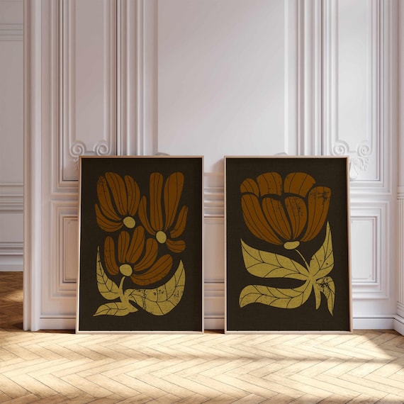 Mid Century Modern Floral Print Set: Retro Botanical Art, Earthy 70s Boho Decor