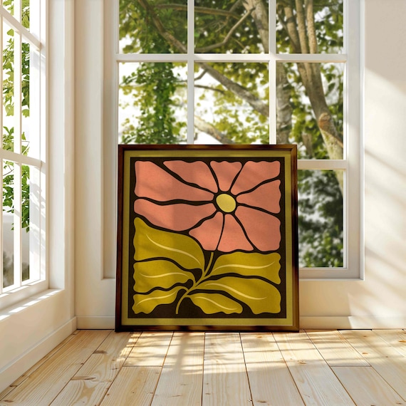 70s Retro Floral Print: Olive Green & Blush Pink Botanical Art, Groovy Flower Poster