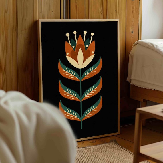 Scandinavian Folk Floral Print — Mid Century Modern Botanical Wall Art, Nordic Decor