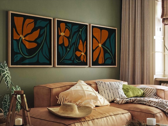 Retro Floral Print Set: Burnt Orange & Teal Botanical Art, Mid-Century Modern Boho Decor