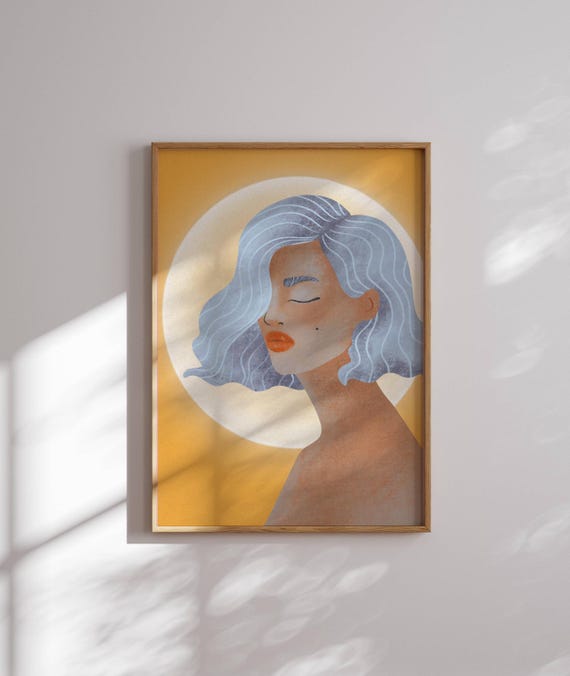 Girly wall art in boho style: feminine portrait of a serene woman with flowing blue hair and a full moon, perfect for chic, cozy spaces.