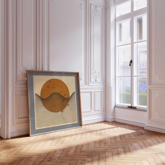 Japandi Landscape Art Print: Minimalist Sun & Birds Poster, Calm Home Decor