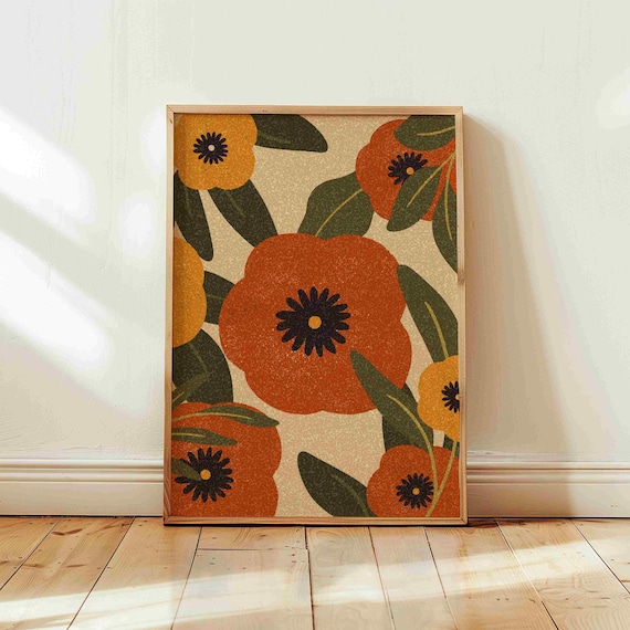 Retro Floral Print – 70s Botanical Wall Art, Vintage Boho Flower Poster