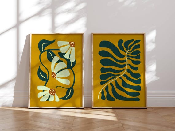 Retro Flower Wall Art Set Of 2, Matisse Inspired Floral Prints in Warm Summer Colors, 70s Groovy Botanical Posters, Mid Century Modern Decor