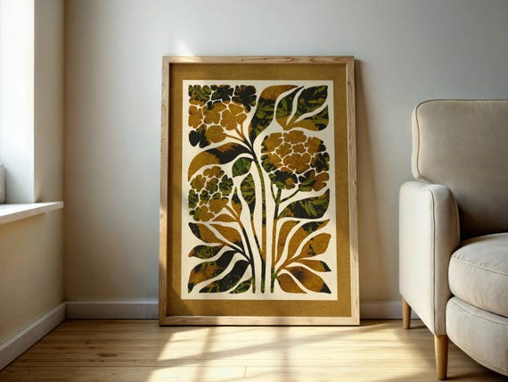 Abstract Botanical Print, Retro Floral Wall Art in Earth Tones – Vintage Style Mid Century Organic Shapes with Green or Brown Mat Option