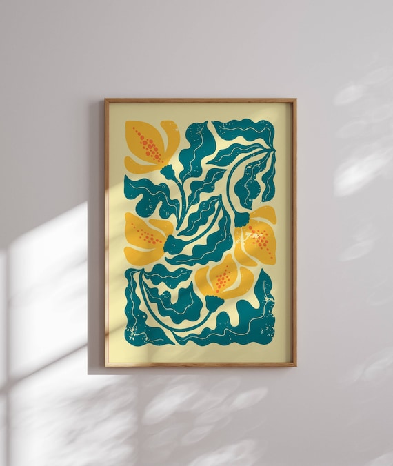 Vibrant 70s Abstract Art Print, Teal Yellow Retro Floral Wall Decor – Groovy Matisse Style Mid-Century Modern Aesthetic Home Decor
