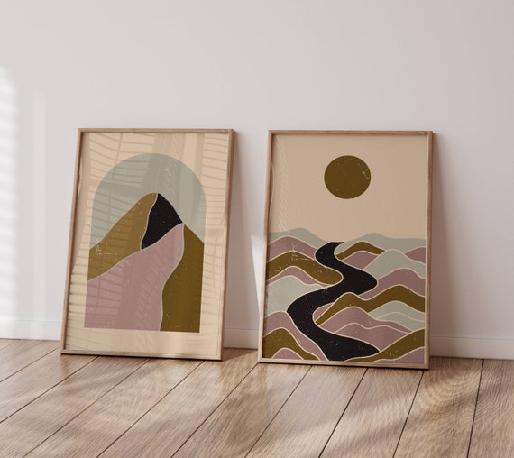 Mountain Wall Art, Set Of 2 Prints, Boho Home Decor, Landscape Prints, Gallery Wall Set, Aesthetic Room Decor, Modern Wall Art, Bohemian Art