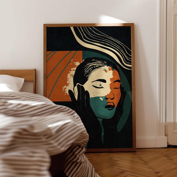 Mid Century Modern Portrait Print — Retro Abstract Wall Art, 70s Decor