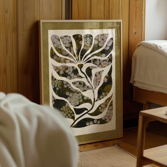 Abstract Matisse Style Botanical Print: Retro Floral Wall Art, Olive Green Boho Decor