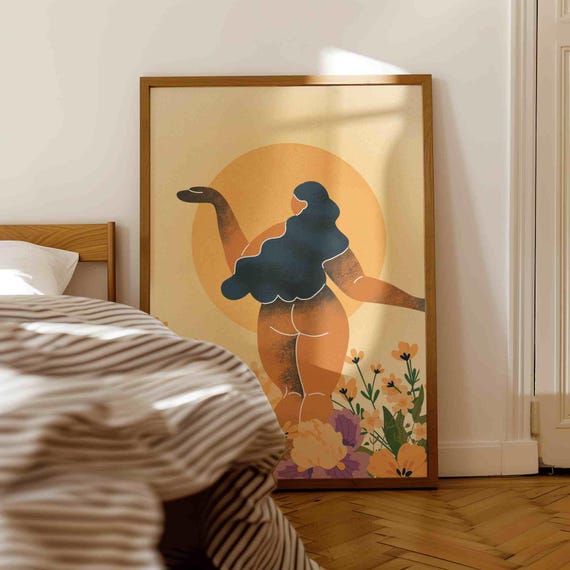Black Woman Art Print: Boho Feminine Figure in Flower Field, Self Love Wall Decor