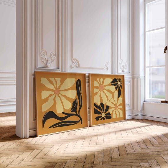 Retro Floral Wall Art — Groovy 70s Flower Prints, Mid Century Botanical Set