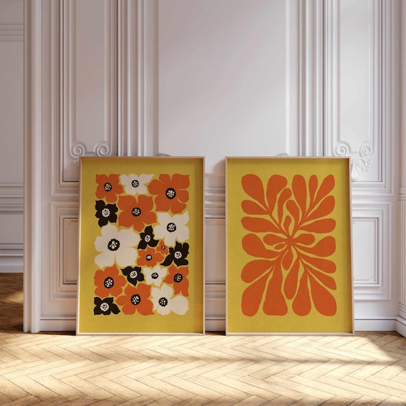 Retro Floral Print Set: 70s Funky Botanical Art, Maximalist Boho Wall Decor