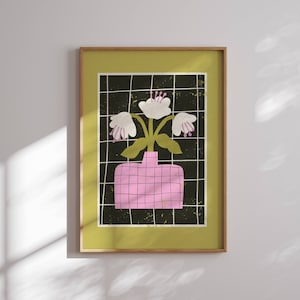 70s Groovy Floral Print – Abstraktes Retro botanisches Poster mit rosa Vase und weißen Blumen, Mid Century Modern Wandkunst, Vintage Dekoration