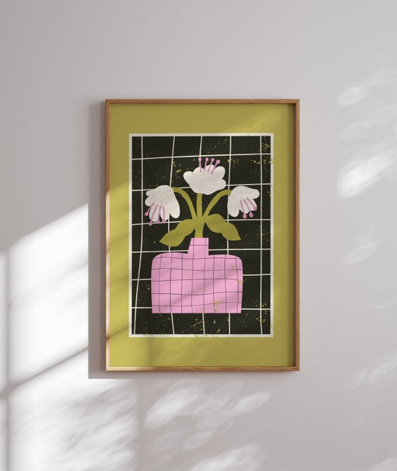 70s Groovy Floral Art Print – Mid Century Modern Abstract Botanical Wall Decor, Retro Funky Pink Vase & White Flowers, Vintage Home Decor