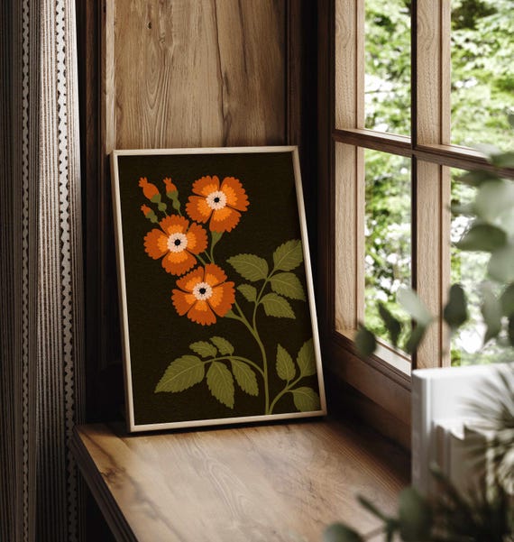 Retro Floral Wall Art – Burnt Orange Flower Print on Deep Brown, Vintage Botanical Poster for Earthy Mid Century or Rustic Boho Decor