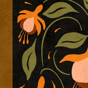 K&ouml;nnte beinhalten: Eine digitale Illustration von stilisierten orangefarbenen und rosafarbenen Blumen mit gr&uuml;nen Bl&auml;ttern auf schwarzem Hintergrund. Die Blumen haben einen Retro-Vintage-Look.
