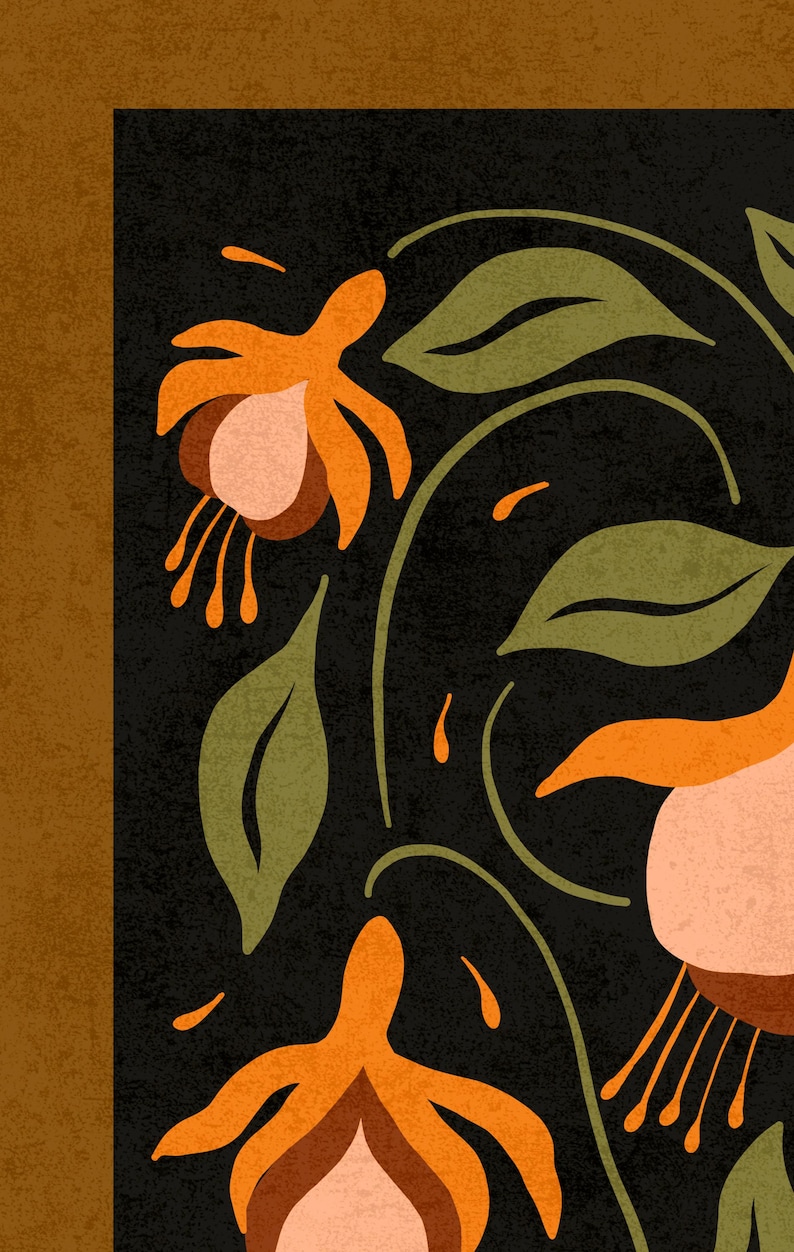 K&ouml;nnte beinhalten: Eine digitale Illustration von stilisierten orangefarbenen und rosafarbenen Blumen mit gr&uuml;nen Bl&auml;ttern auf schwarzem Hintergrund. Die Blumen haben einen Retro-Vintage-Look.