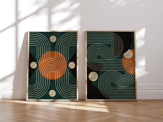 Abstract Mid Century Wall Art, Set Of 2 Geometric Posters, Minimalist Japandi Print Set, Bauhaus Wall Art for Modern Home Decor
