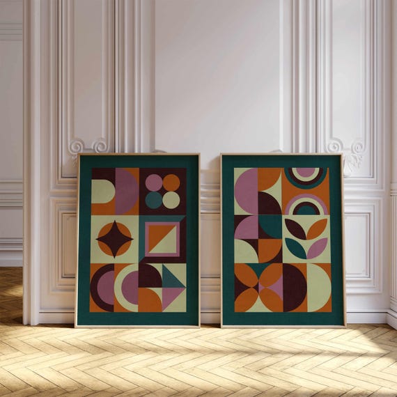 Mid Century Modern Bauhaus Print Set: Abstract Geometric Wall Art in Teal, Orange & Plum