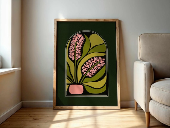 Floral Print of Abstract Hyacinths in 70s Retro Mid-Century Modern Style — Cozy Vintage-Inspired Wall Decor with Bold Shapes and Warm Tones.