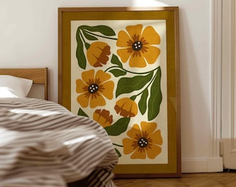Retro Floral Print: 70s Botanical Wall Art, Mid Century Modern Decor