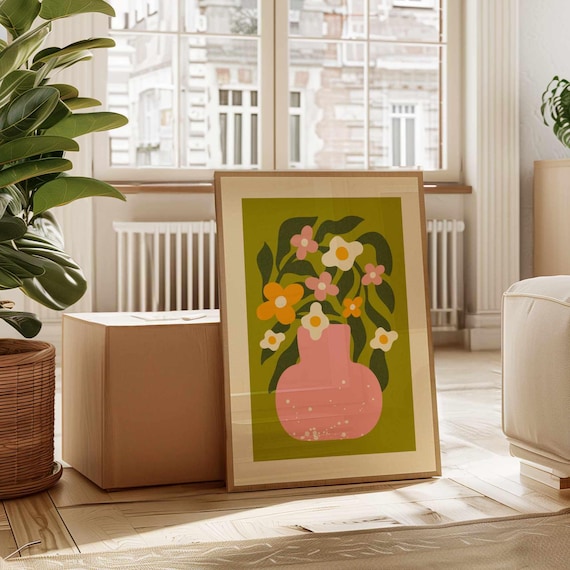 Retro 70s Floral Wall Art, Groovy Vintage Flower Print in Pink and Olive Green, Mid Century Modern Boho Poster for Dopamine Decor