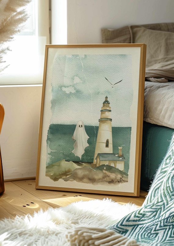 Lighthouse Keeper Ghost Print – Coastal Halloween Wall Art, Haunted Lighthouse Decor, Spooky Cute Fall Home and Seasonal Print