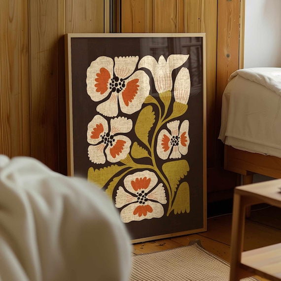 70s Retro Floral Print: Mid Century Modern Botanical Wall Art, Matisse Style Flower Poster