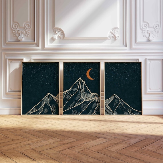 Mountain wall art triptych with Japandi style, abstract nature art & line landscape — perfect for modern home entryways and gallery walls.