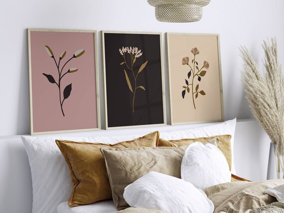 Aesthetic Wild Flower Print Set, Pastel Pink Poster Set, Dark Floral Wall Art, Room Decor Aesthetic Boho, Trendy Minimalist Wall Art