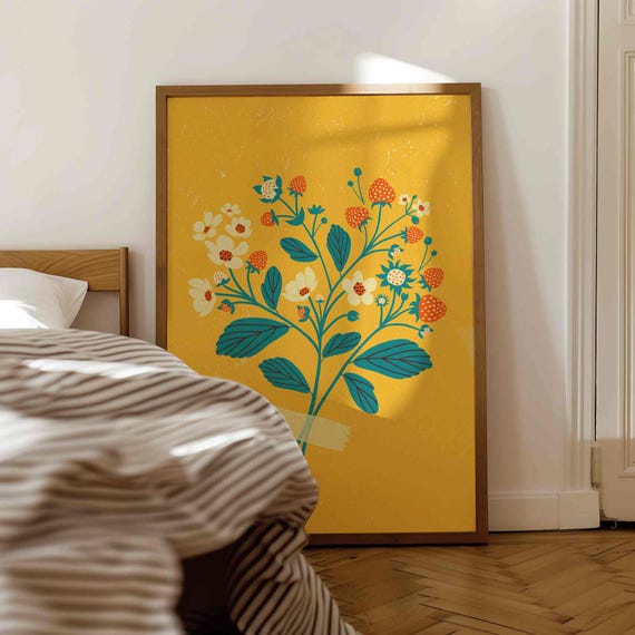 70s Retro Strawberry Botanical Print: Bold Maximalist Wall Art