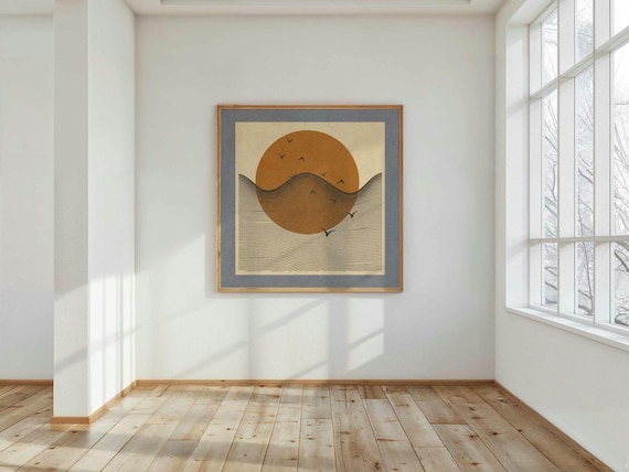 Japandi Landscape Art Print: Minimalist Sun & Birds Poster, Calm Home Decor