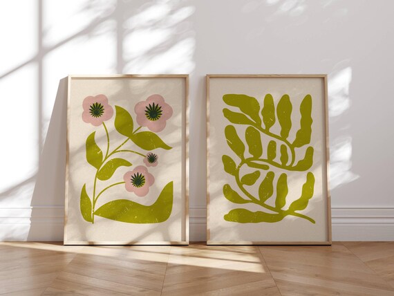 Colorful Retro Floral Wall Art, Matisse Inspired Botanical Prints in Vibrant Summer Colors — 70s Groovy Wall Art in Mid Century Modern Style