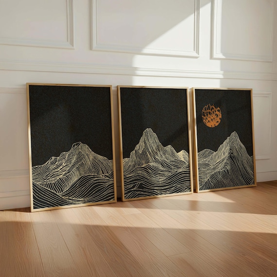 Mountain Line Art Framed Print Set: Minimalist Japandi Triptych, Moody Landscape Wall Art