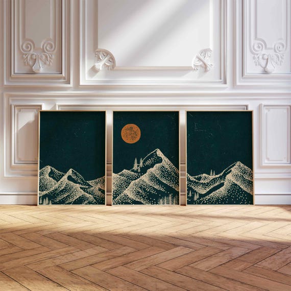 Minimalist Mountain Triptych — Teal & Burnt Orange Landscape Print Set, Modern Nature Wall Art