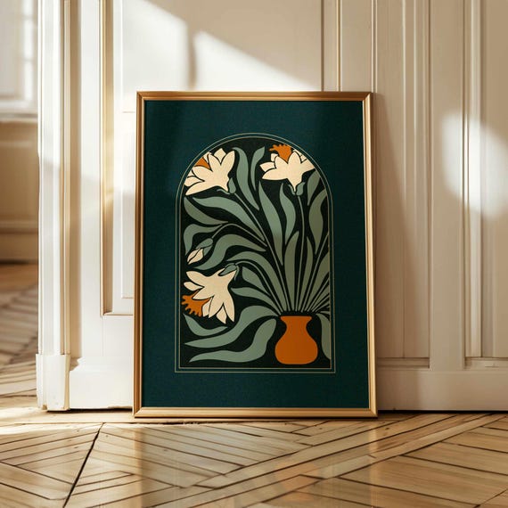 Floral Print of Abstract Daffodils in Retro Mid-Century Modern Style — Groovy Vintage Botanical Wall Art with Bold Colors and Cozy Charm.