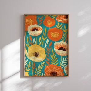 Bellissimo poster floreale anni '70, stampa artistica floreale funky, opera d'arte anni '70, arte murale funky, arte murale vibrante, arredamento anni '70, arte murale groovy, arte stampata