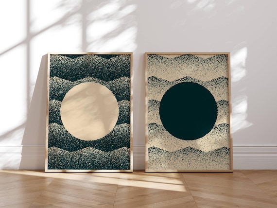 Abstract Sun and Moon Print Set: Teal & Cream Mid-Century Modern Art, Scandinavian Home Decor