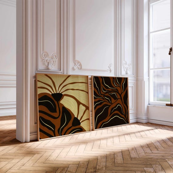 Mid Century Botanical Print Set: Abstract Retro Floral Wall Art, Scandinavian Decor