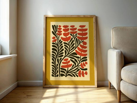 Retro Floral Wall Art – Abstract Botanical Print in Red & Mustard, Mid Century Modern Matisse Style Poster for Boho and Vintage Decor