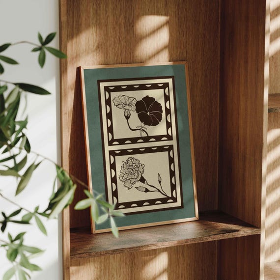 Vintage Botanical Print — Retro Folk Floral Wall Art, Scandinavian Decor
