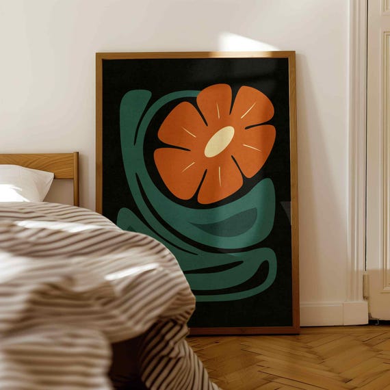Mid Century Modern Floral Print — Burnt Orange & Teal Botanical Art, Retro Boho Decor