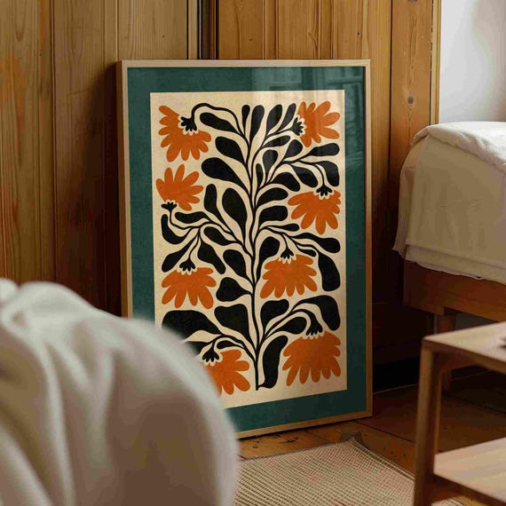 FRAMED Matisse Style Floral Print — Burnt Orange & Teal Botanical Art, Mid Century Modern Boho Decor