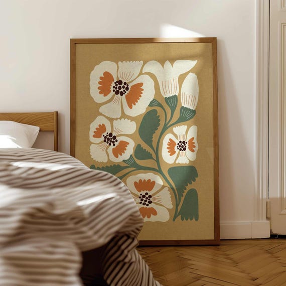 Retro Floral Print — Sage & Ivory Matisse Botanical Art, Mid Century Modern Boho Decor