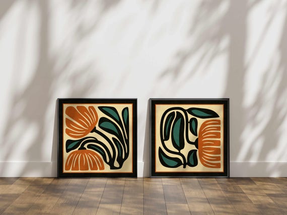 FRAMED Retro Floral Print Set — Burnt Orange & Teal Botanical Art, Mid-Century Modern Boho Decor