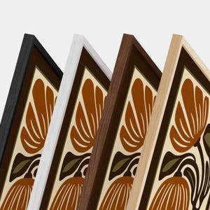 May include: Four framed art prints with a floral design in shades of brown, olive green, and cream. The frames are black, white, dark brown, and light brown. The artwork features stylized flowers and leaves.