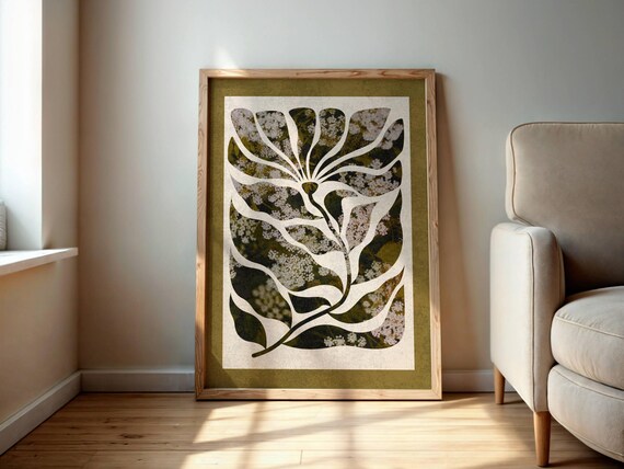Matisse Inspired Floral Print, Abstract Botanical Wall Art, Vintage Wildflower Print with Organic Shapes, Boho Olive Green Decor